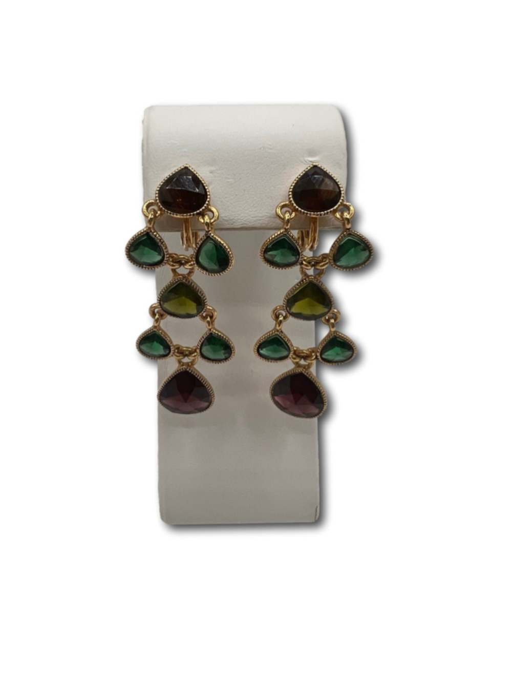 Chandelier Earring Clip On Teardrop Crystals Green Olive Purple Gold Tone